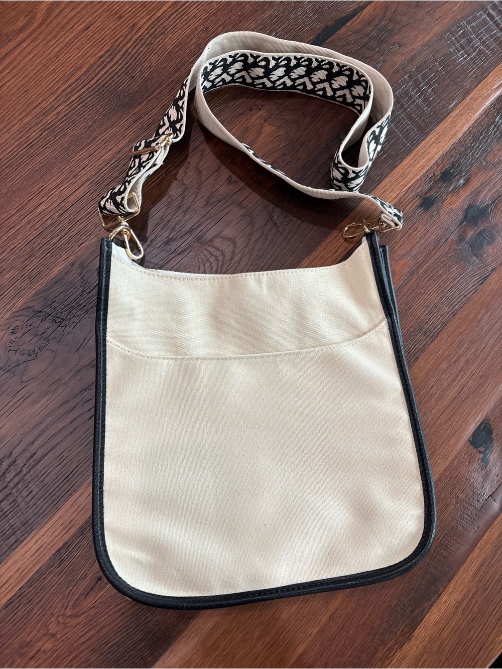 AHDORNED Canvas Crossbody Bag, Ivory,Black Faux Leather Trim, Guitar Strap